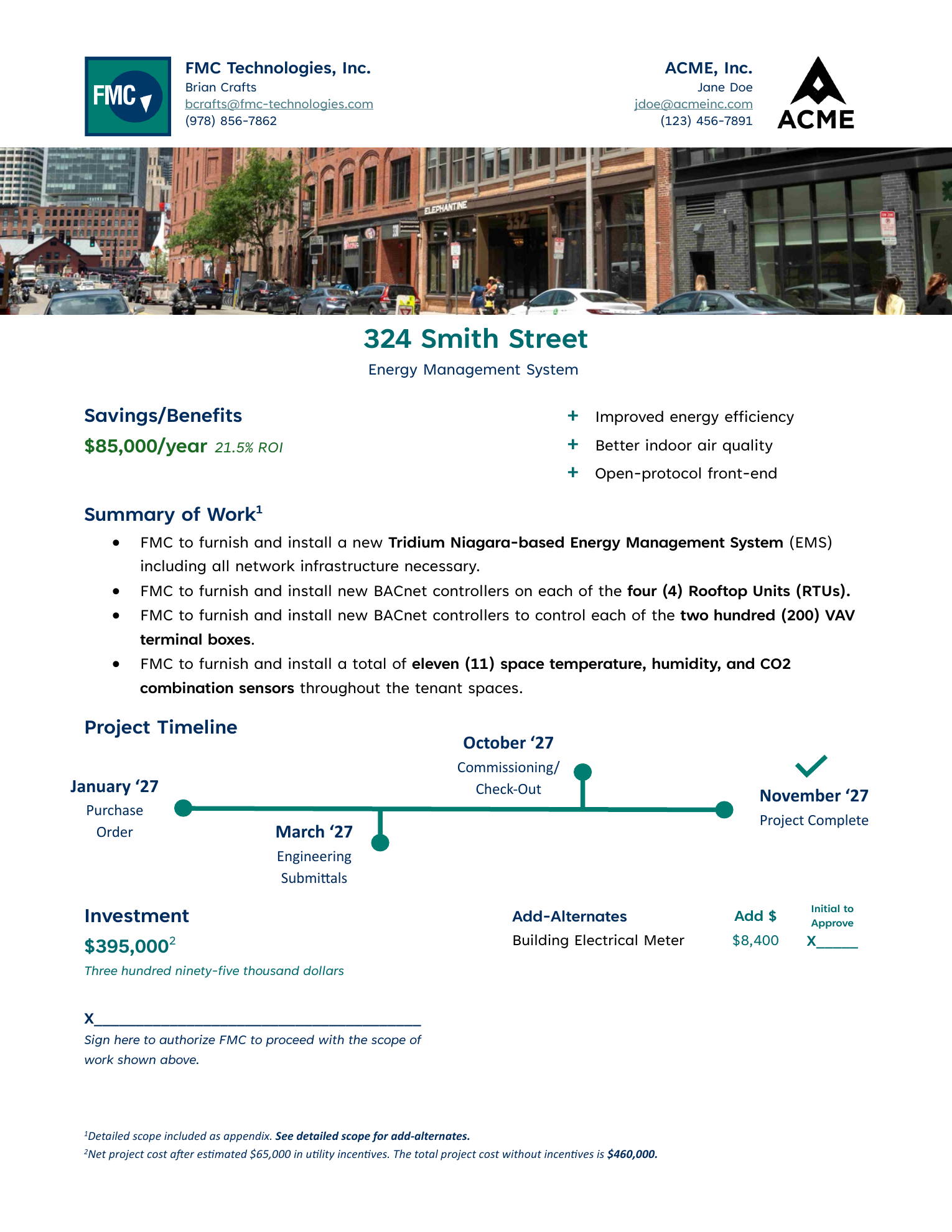 Page one of a sample FMC Technologies energy management system proposal for
                        324 Smith Street: contacts, a street photograph, savings and benefits,
                        summary of work, a project timeline and the investment total.