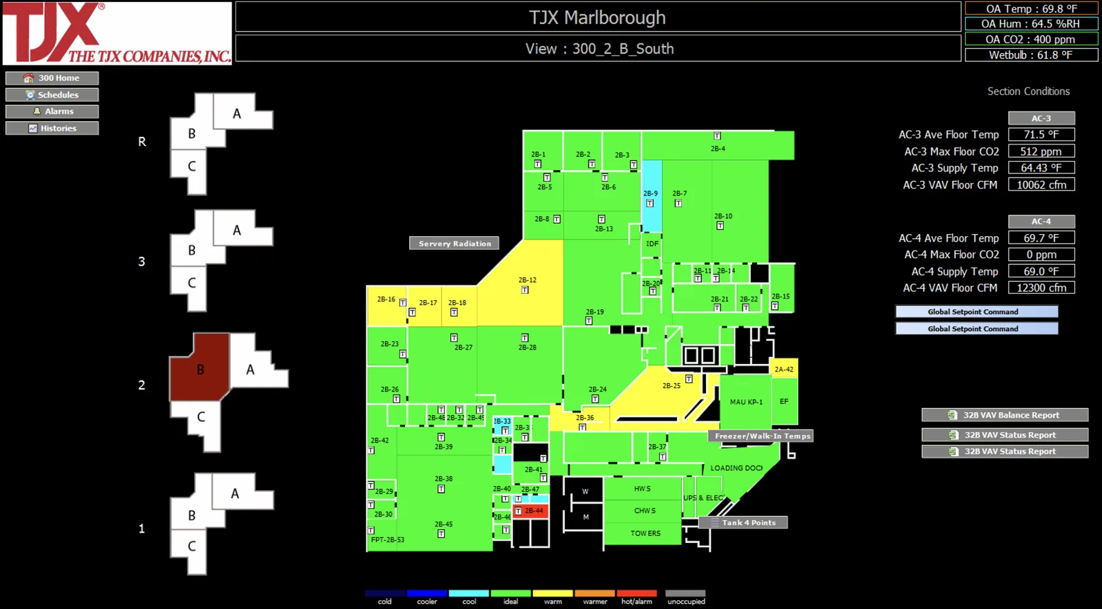 An FMC energy management system operator graphic: a thermographic floor plan with every zone color-coded for comfort, with temperature and airflow readouts, readable from any browser