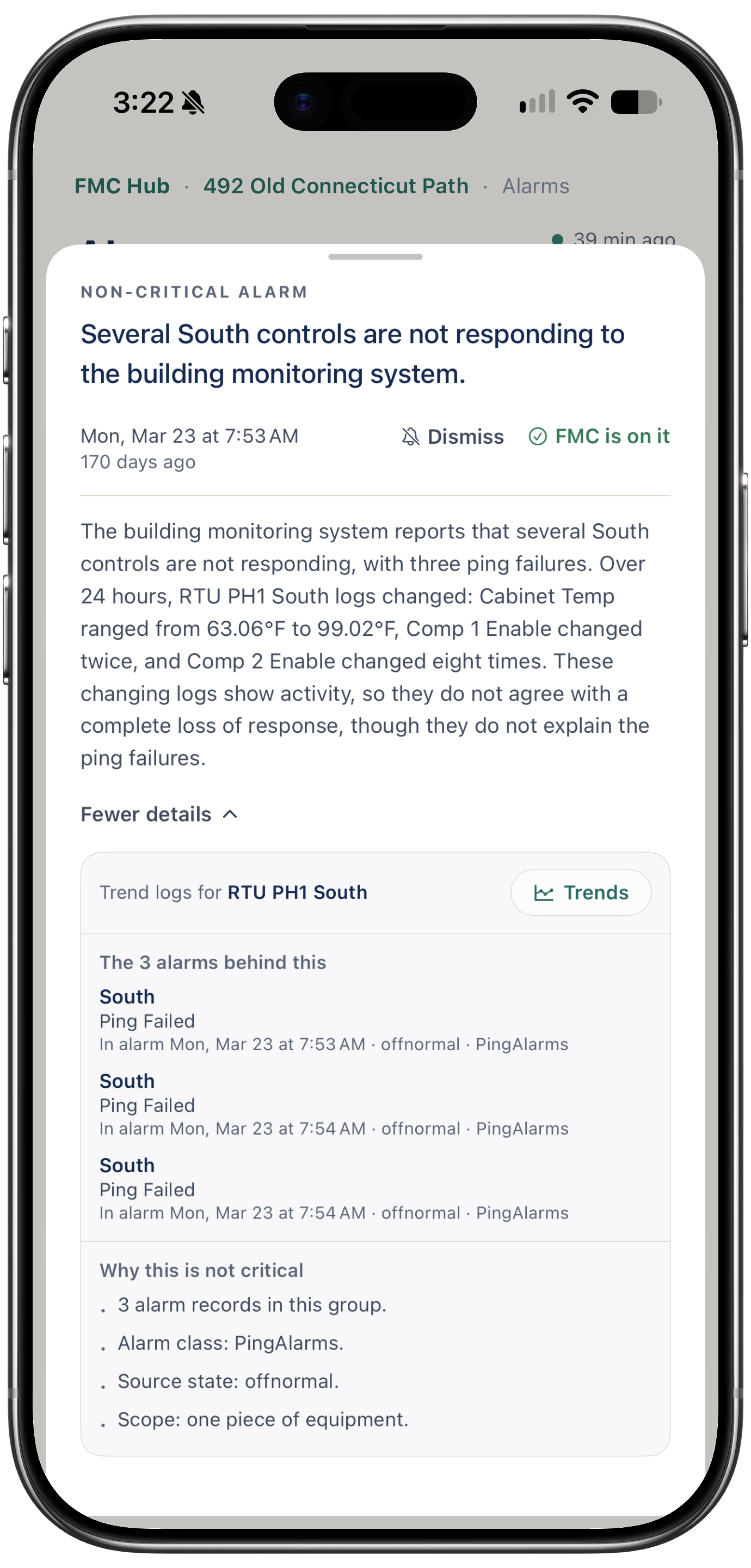 The same non-critical alarm expanded in the FMC Customer Hub on a phone: trend logs for RTU PH1 South with a Trends button, the three South ping-failure alarms grouped behind it, and a “why this is not critical” list giving the alarm class, source state and scope