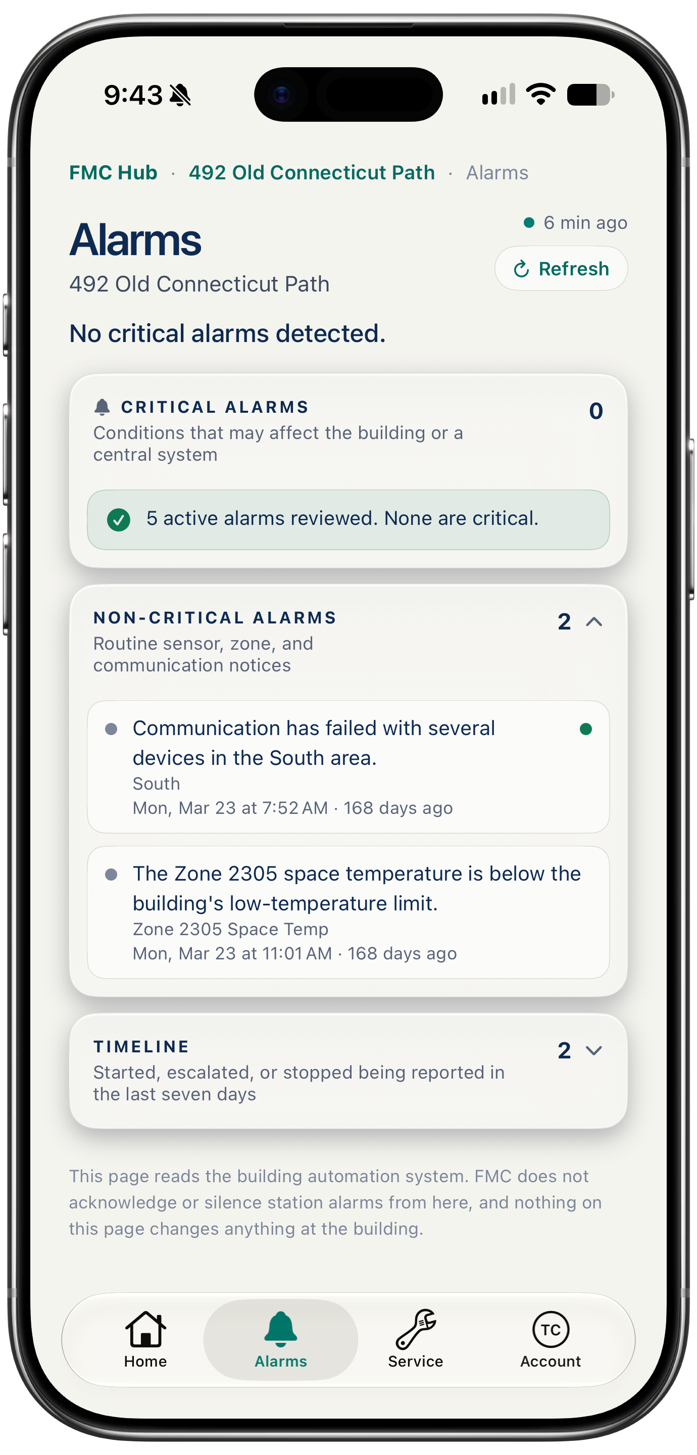The Alarms screen for one building in the FMC Customer Hub on a phone: no critical alarms detected, a critical count of zero, two non-critical notices for a South communication failure and a Zone 2305 low space temperature, and a note that the page only reads the building automation system