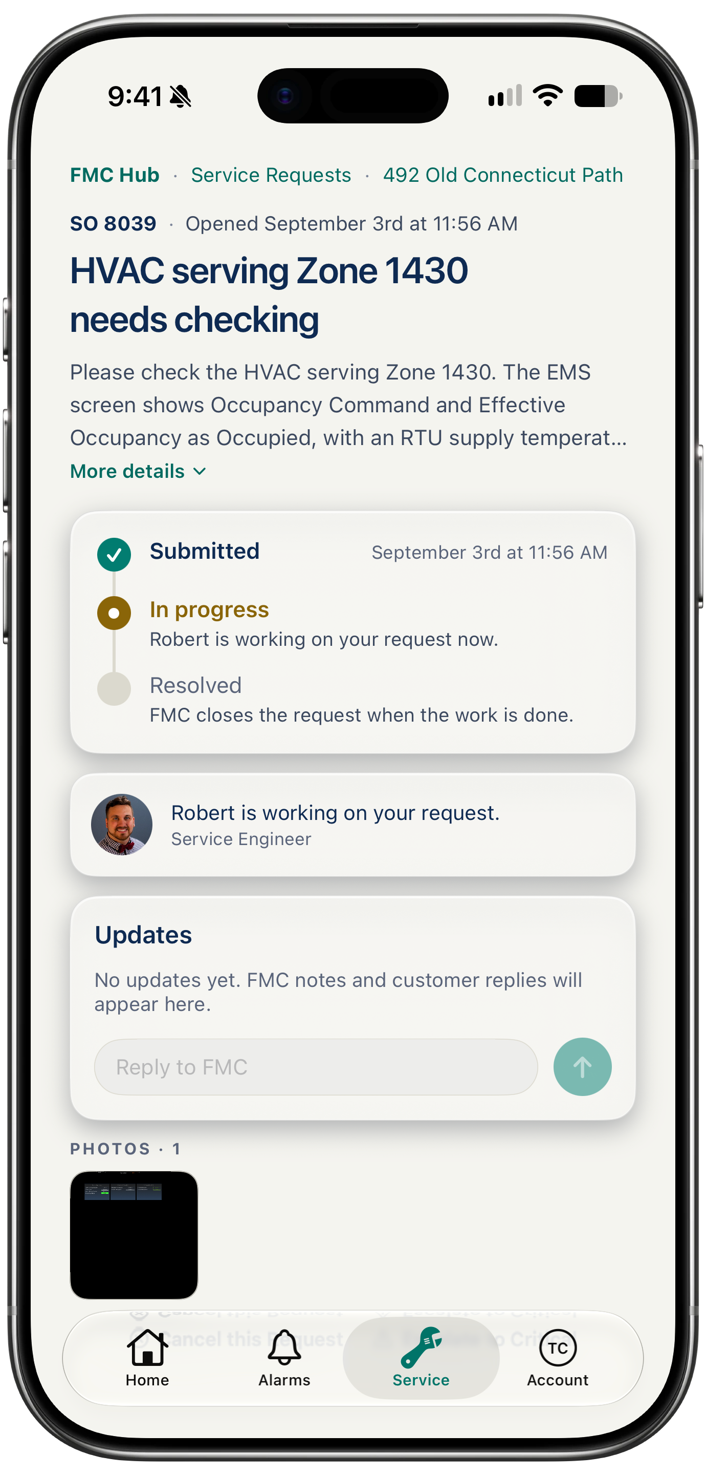 One service request open in the FMC Customer Hub on a phone: its status from submitted to in progress with timestamps, the FMC engineer assigned to it, and the reply thread