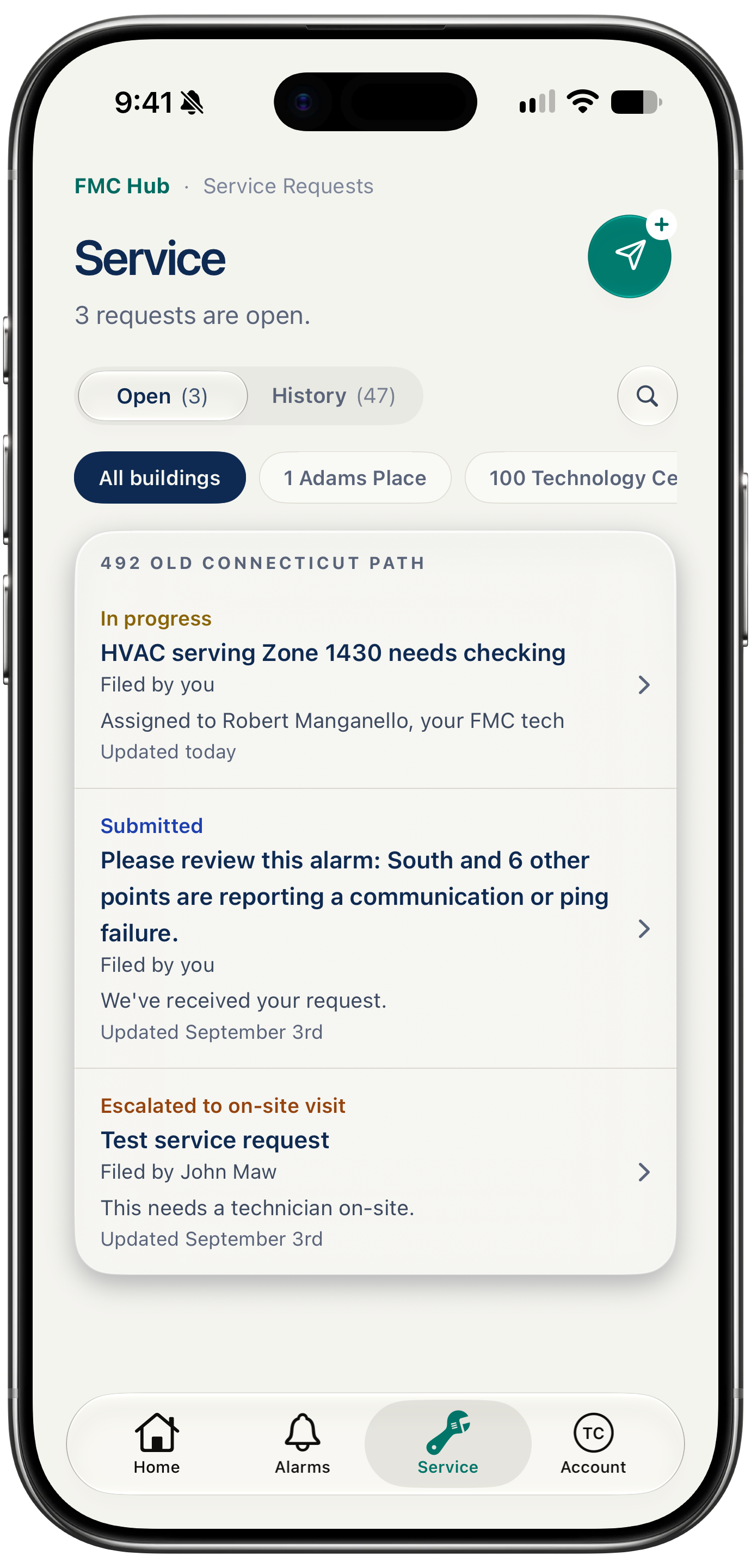 The Service list in the FMC Customer Hub on a phone: three open requests filtered by building, each with a status such as in progress, submitted or escalated to an on-site visit, who filed it and when it last changed